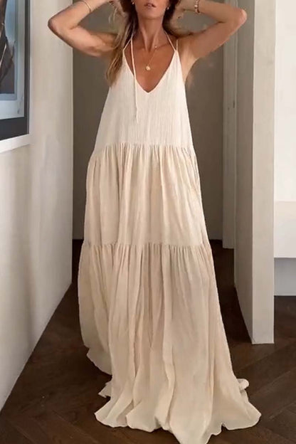 Women's casual solid color pleated beach strap maxi dress Dress