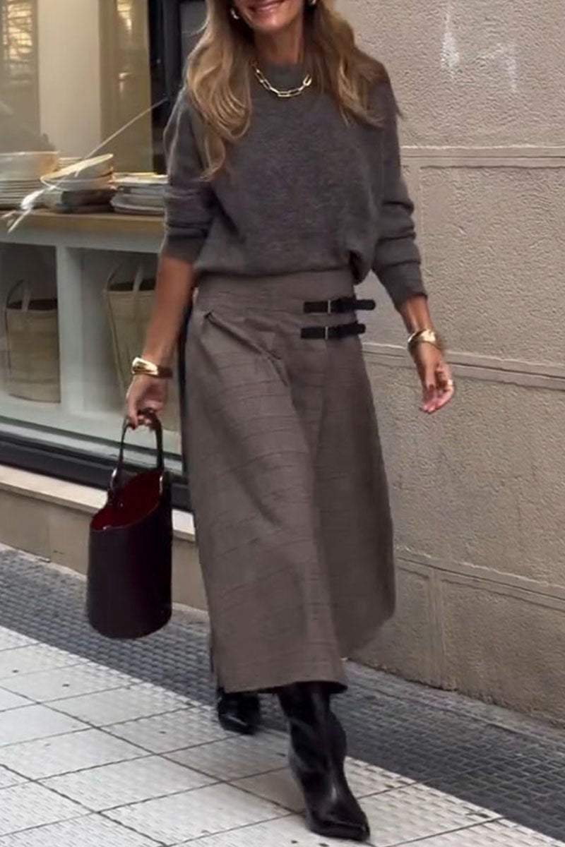 Women's Round Neck Long Sleeve Sweater and Slit Skirt Two-piece Set Set Two Piece Set