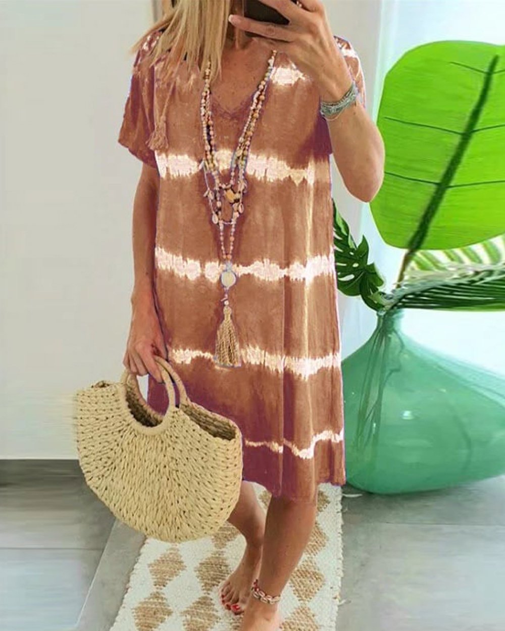 ?Tie-dye Striped Short-sleeved Loose T-shirt Dress Dress