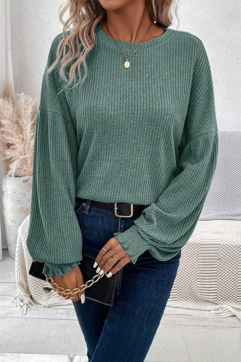 Women's Casual Solid Color Pit Strip Lantern Sleeve Top sweatshirts Top