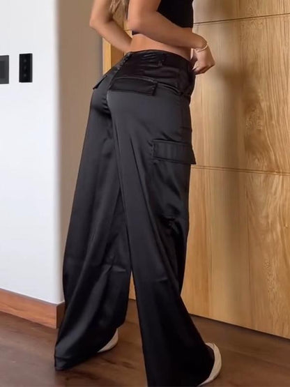 Women's Casual Solid Color Satin Work Trousers Bottoms Pants Satin