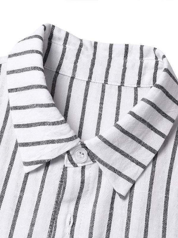 Women's Striped Cotton Linen Polo Collar Long-sleeved Shirt Dress Cotton and linen Dress Shirt Dress