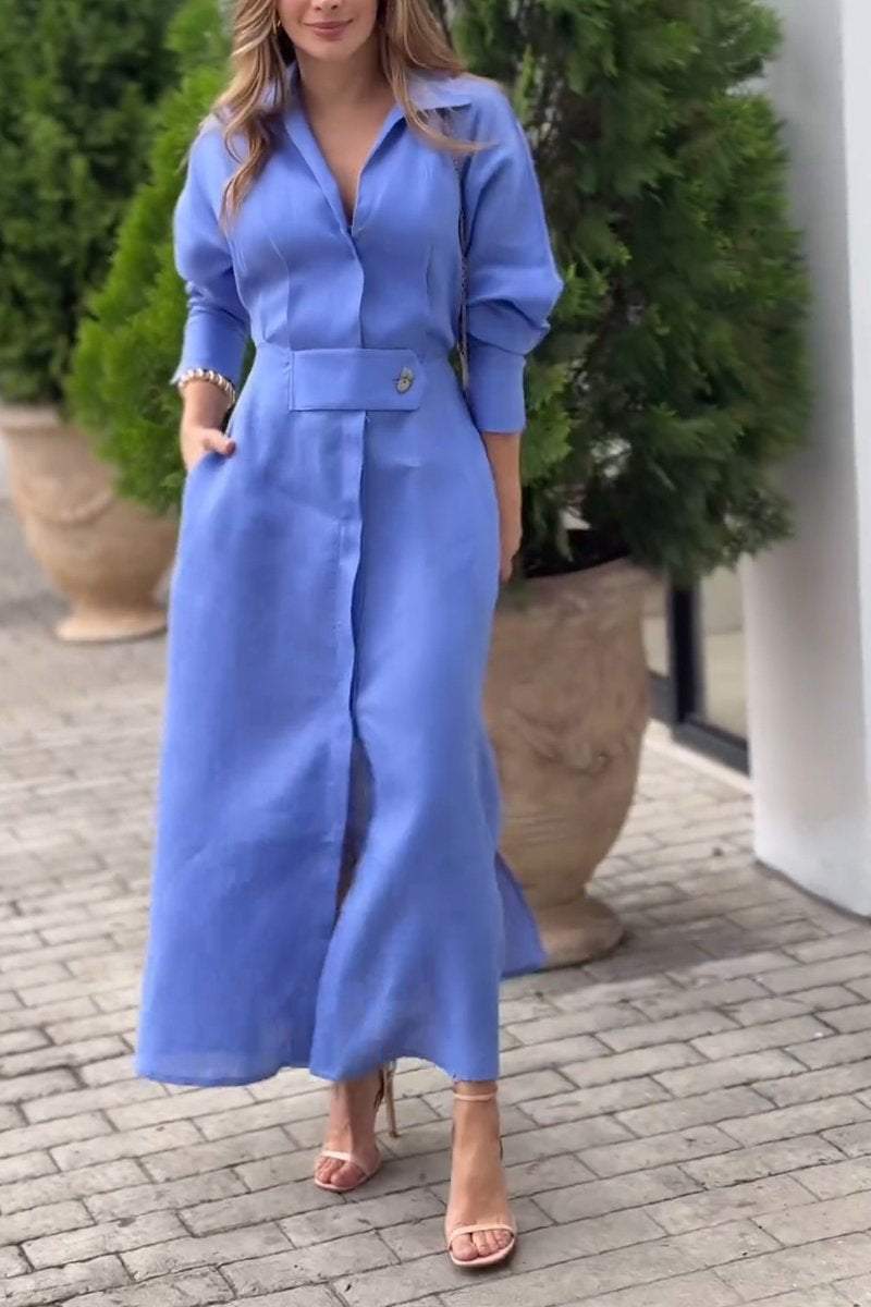 Women's Lapel Long Sleeve Casual Cotton and Linen Dress dress Maxi Dress