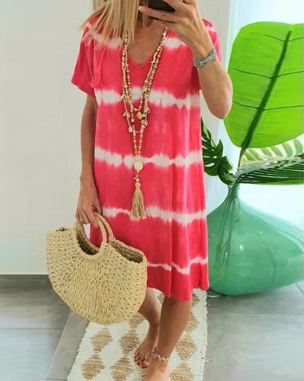 ?Tie-dye Striped Short-sleeved Loose T-shirt Dress Dress