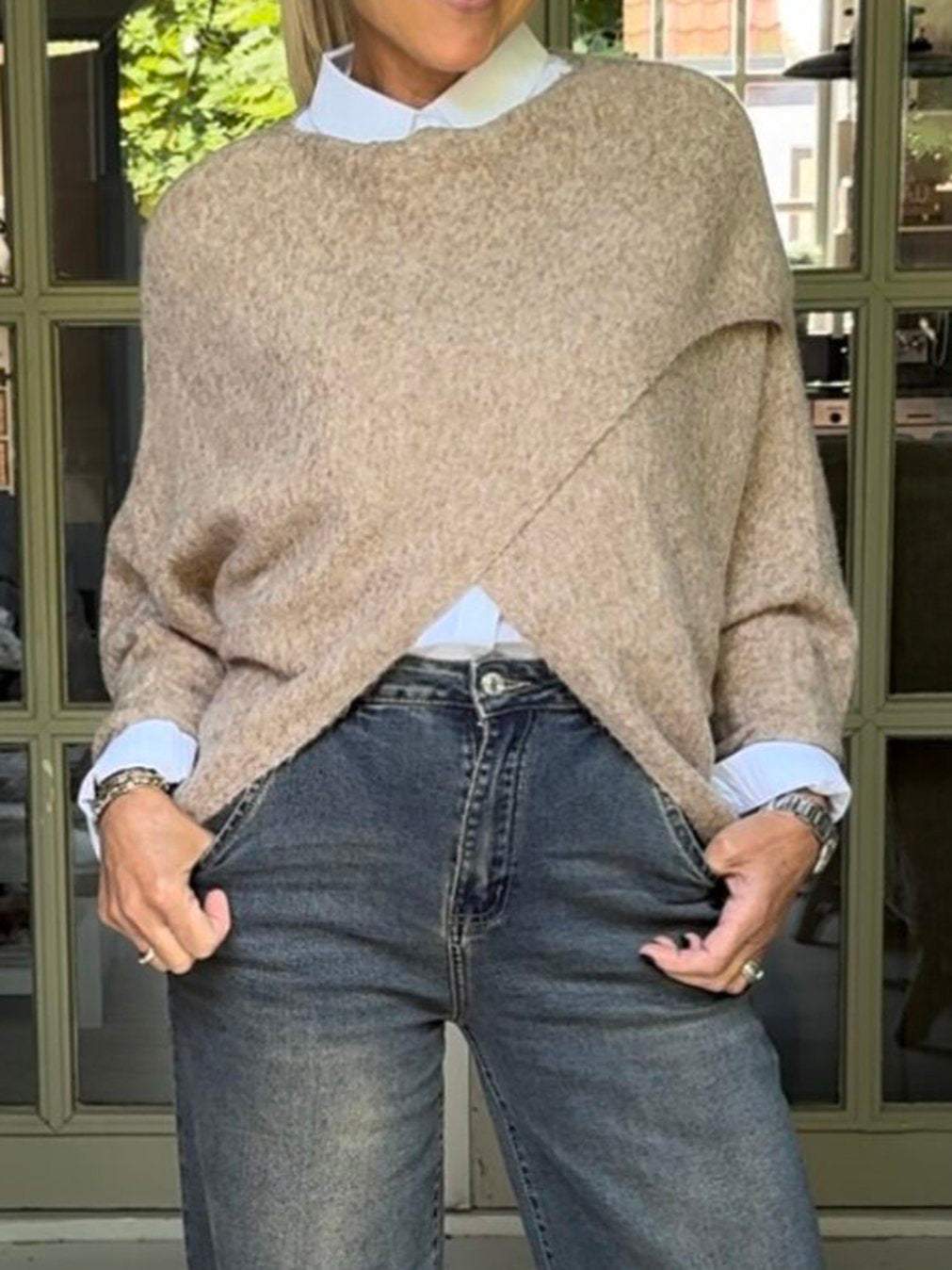 Women's Casual Solid Color Crossover Sweater Sweater