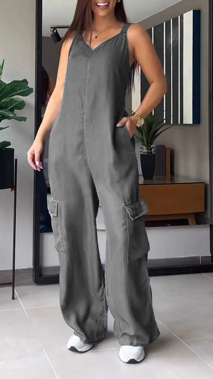 Thin Denim Cargo Pocket V-neck Jumpsuit Jumpsuit pants tops