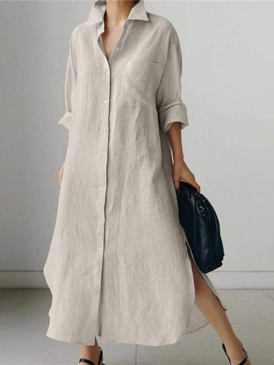 Women's Solid Color Long Sleeve Cardigan Irregular Split Dress Cotton and linen Dress Shirtdress