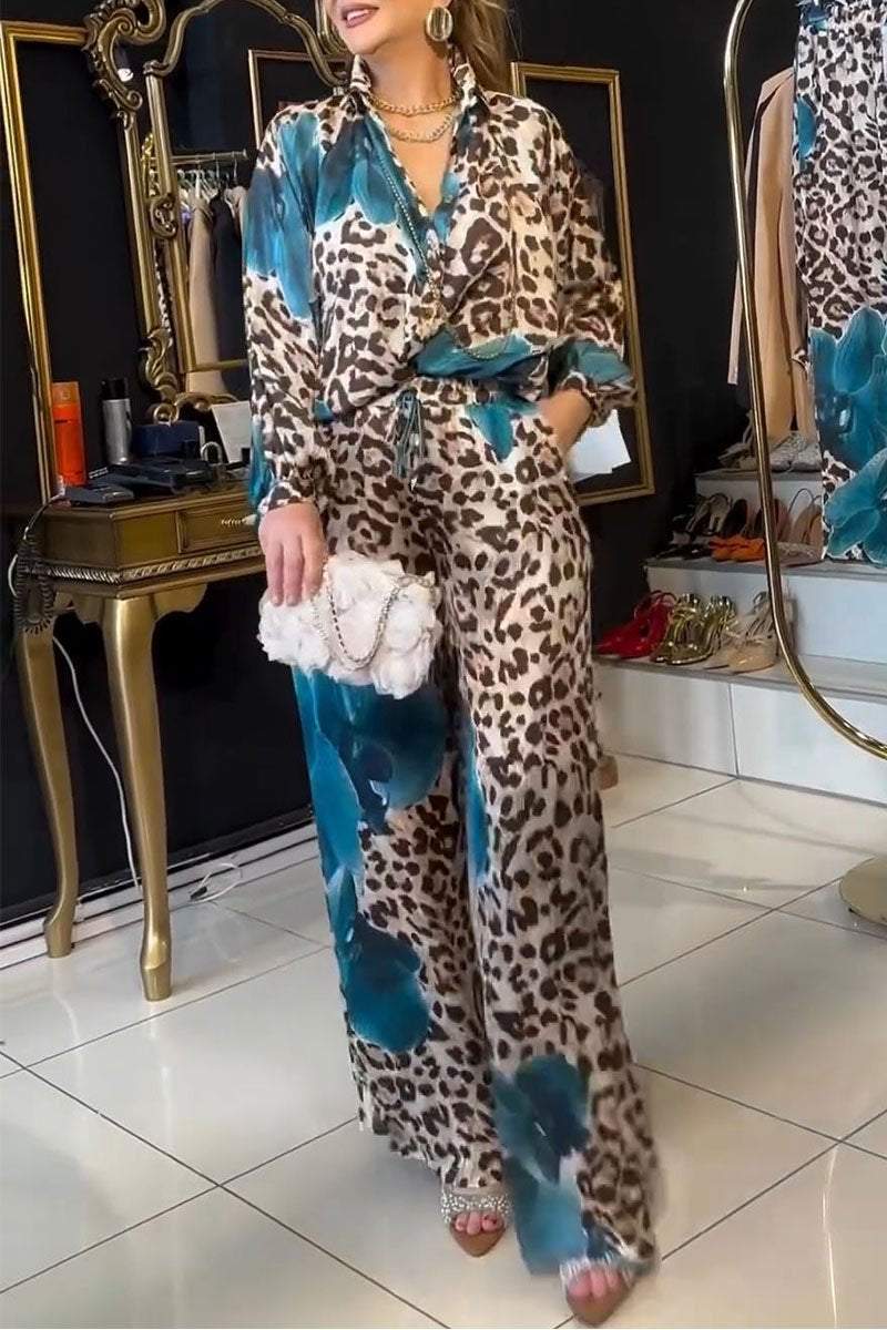 Women's V-neck Long-sleeved Leopard Print Two-piece Suit Sets Two Piece Suit