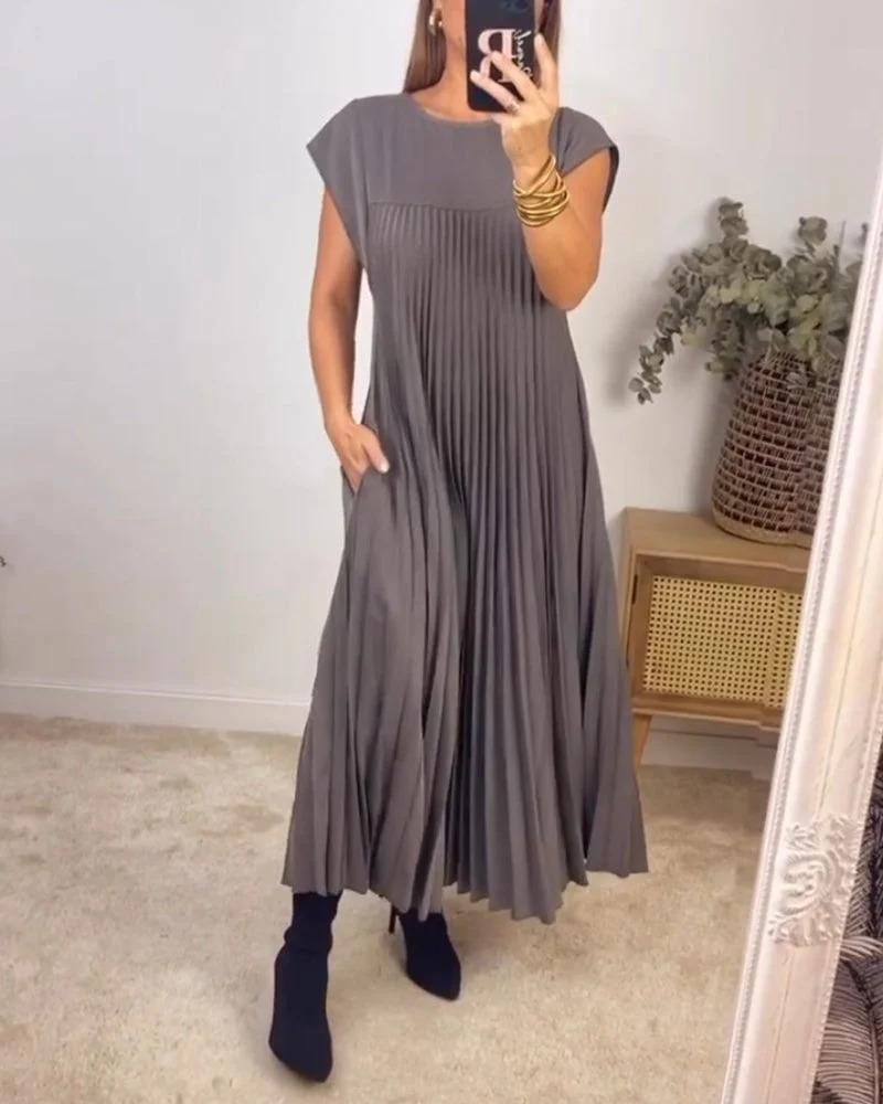 Women's round neck short sleeve pleated dress cotton dress