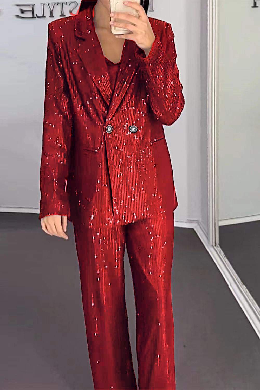 Women's Fashion Sequined Jacket & Pants Two-piece Set Suit Two-piece Suit