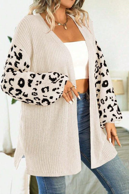 Women's casual sleeve leopard print patchwork knitted cardigan