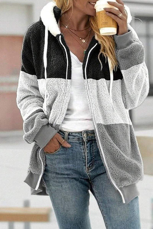 Women's Casual Plush Patchwork Contrast Color Hooded Jacket coat Top