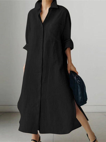 Women's Solid Color Long Sleeve Cardigan Irregular Split Dress Cotton and linen Dress Shirtdress