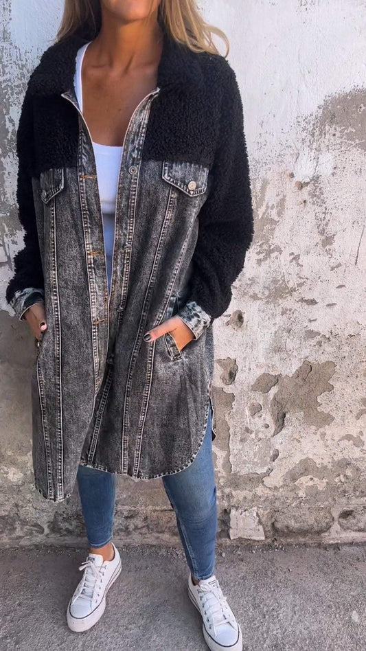 Lapel Single-breasted Long Denim Jacket cotton Jacket