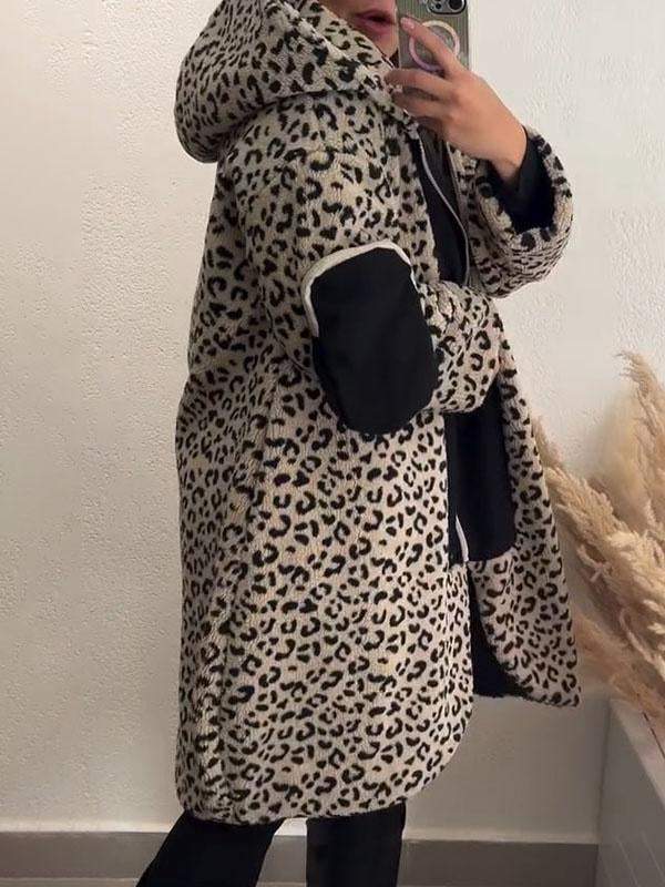 Women's Leopard Print Long Sleeve Hooded Coat Coat Tops