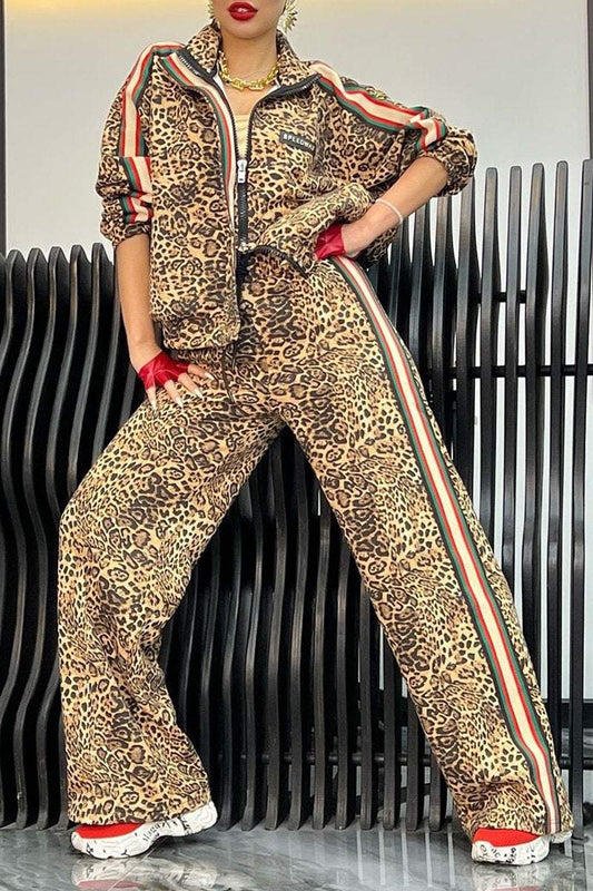 Women's Leopard Print Zip-up Jacket Leopard Print Pant Suit Sets Two piece sets