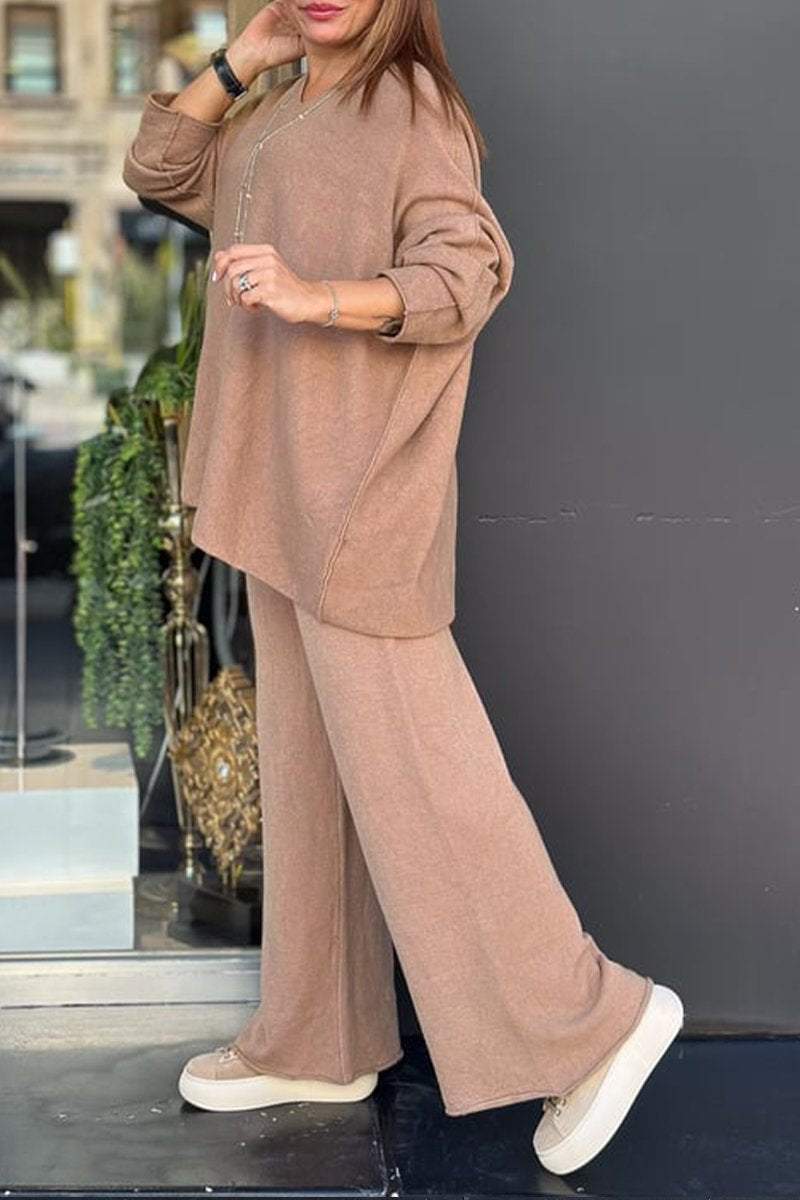 Women's V-neck Simple Long-sleeved Two-piece Suit Pant sets Two piece sets