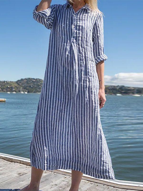 Women's Striped Cotton Linen Polo Collar Long-sleeved Shirt Dress Cotton and linen Dress Shirt Dress