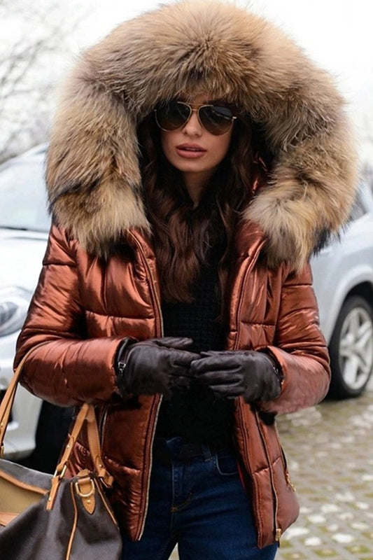 Ladies Casual Warm Large Fur Collar Hooded Jacket Coats skirts Top