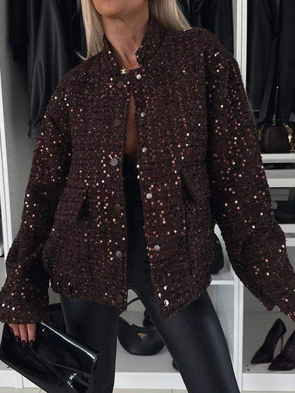 Women's Round Neck Long Sleeve Sequined Casual Coat Coat Tops