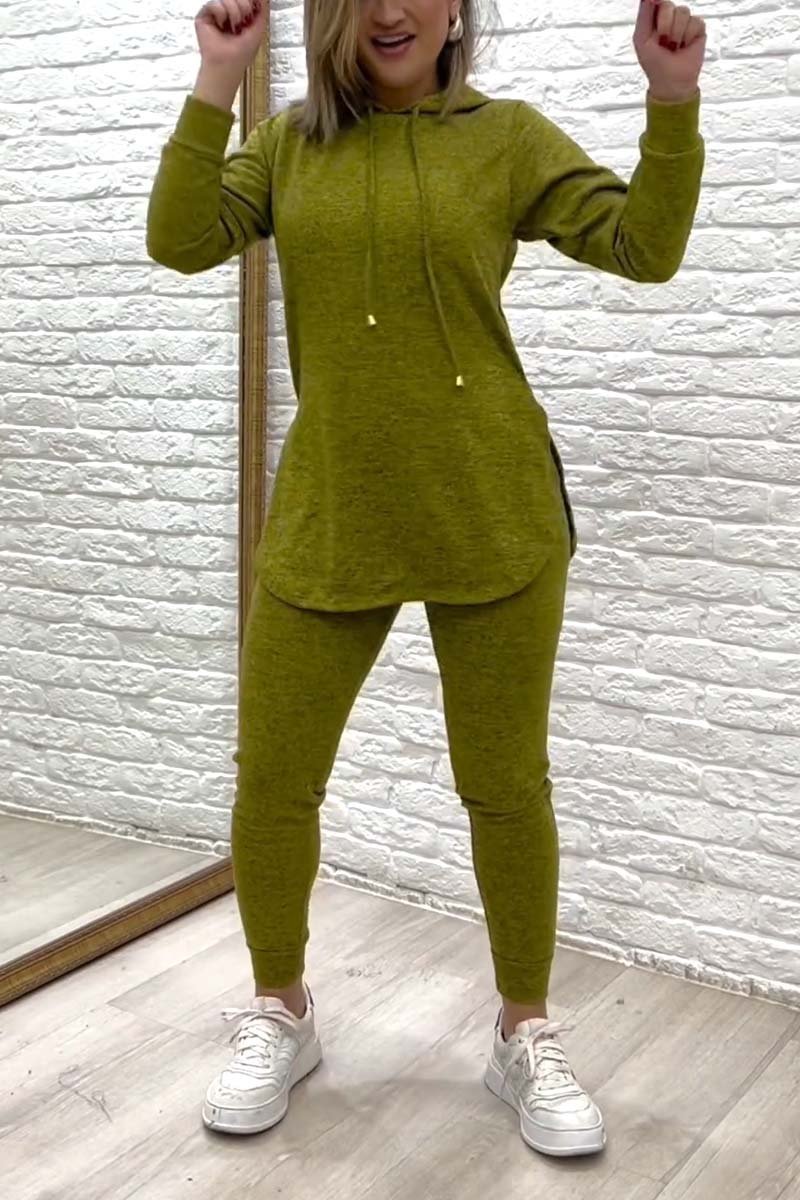 Women's casual sports slit hooded knitted suit Set Two-Piece Set