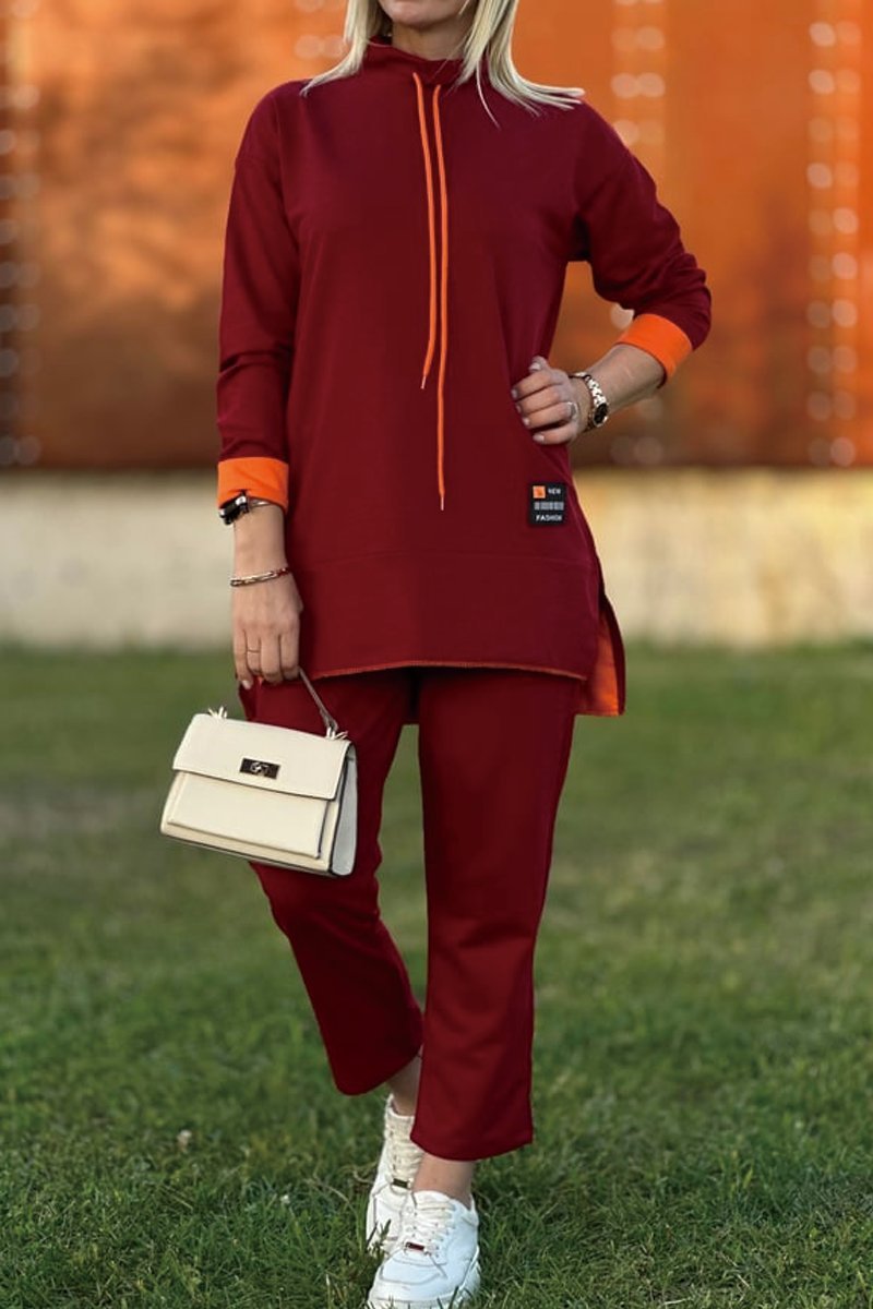 Women's long contrast color sweatshirt suit Suits Two-piece set