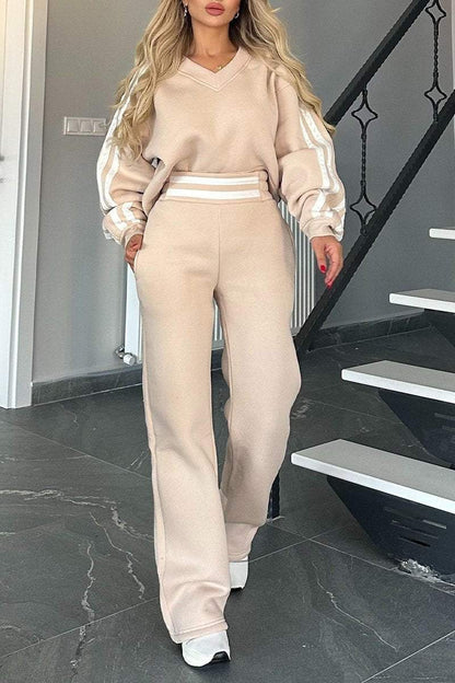 V-neck Long-sleeved Striped Design Casual Sweatshirt Suit Pant sets sets Two piece sets