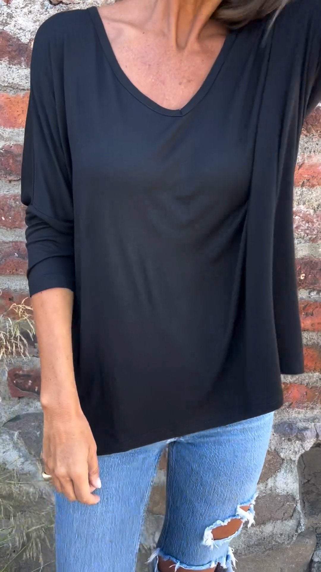 V-neck Long-sleeved Top cotton Top