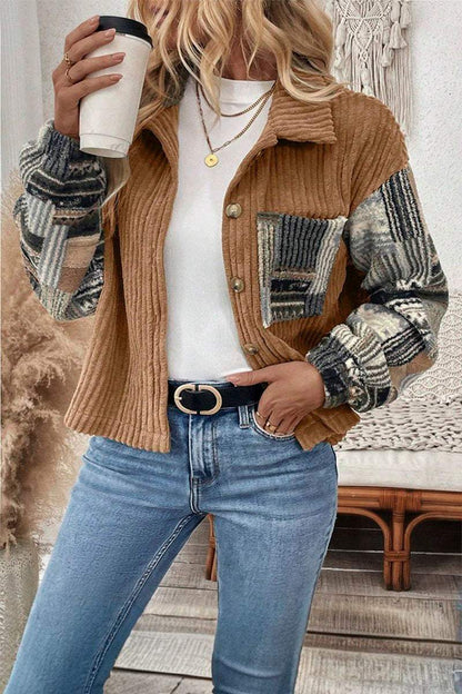 Women's Casual Corduroy Plaid Patchwork Jacket coat Top