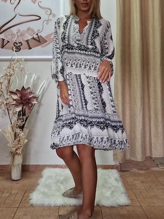 Women's V-neck Printed Short Dress Cotton Dress