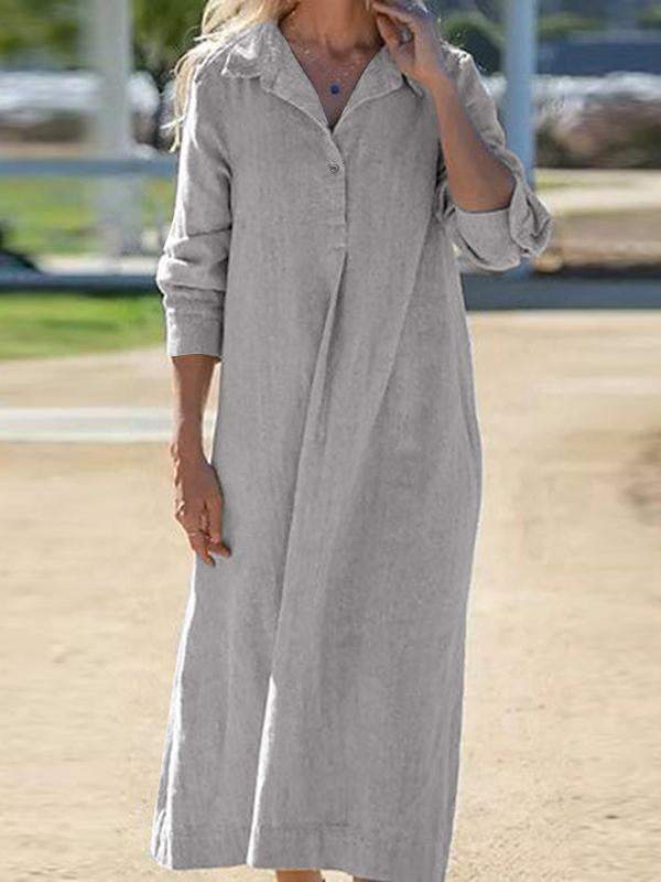 Women's Cotton Lapel Long Sleeve Long Shirt Dress Cotton and linen Dress Shirt Dress