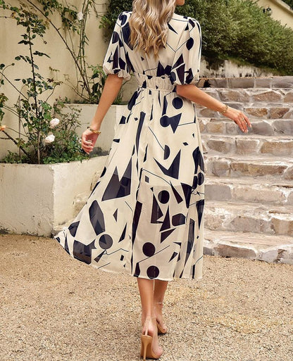 Women's Full-waist V-neck Printed Dress dress