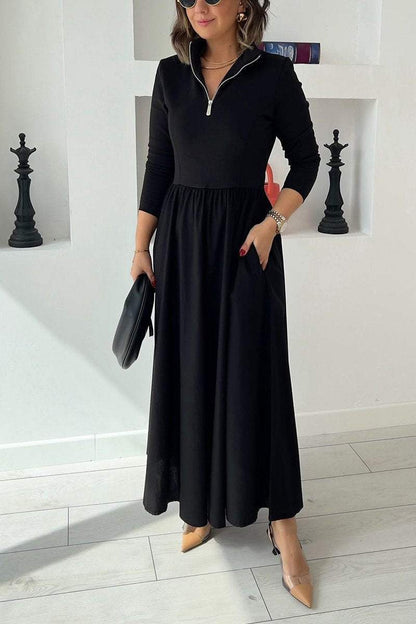 Women's Casual Half-zip Long-sleeved Dress Cotton Dress Maxi Dress