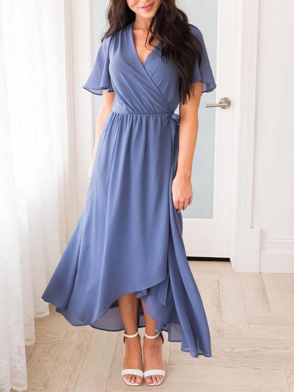 Women's V-neck Solid Color Short-sleeved Chiffon Waist Dress Chiffon Dress