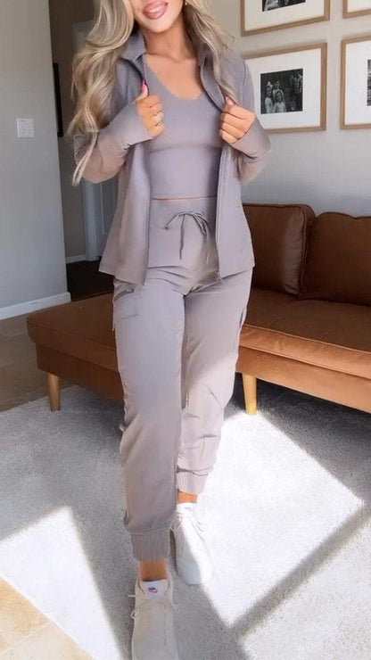 Women's Lapel Zipper Leisure Sports 3-piece Set Suit