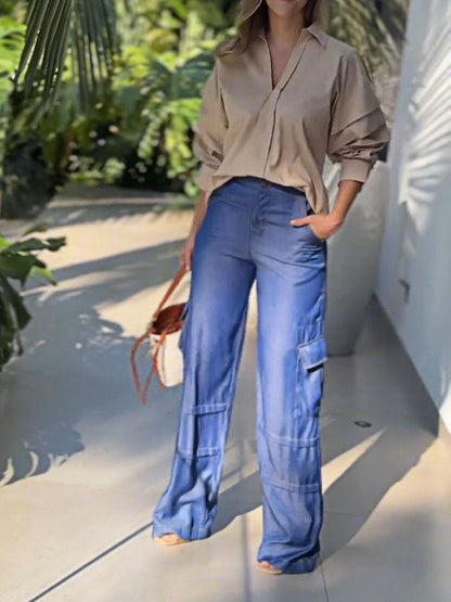 Women's Solid Color Shirt and Denim Pants Two-piece Set Purchased Separately Set Two-piece