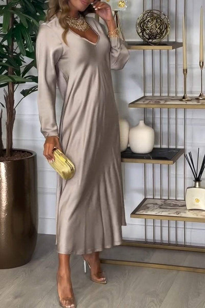 Women's V-neck Long-sleeved Satin Dress Dress Maxi Dress