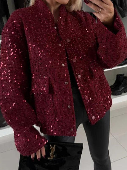 Women's Round Neck Long Sleeve Sequined Casual Coat Coat Tops