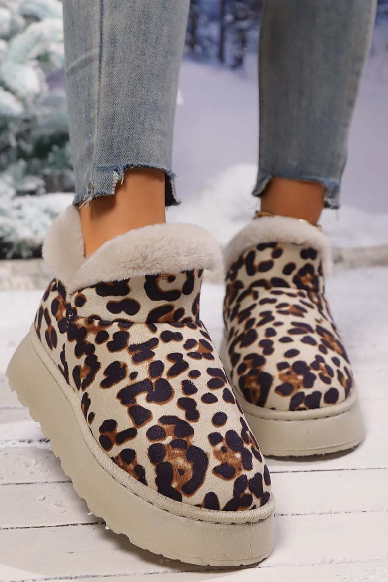 Women's thickened velvet round toe thick sole leopard print snow boots Martin Boots Shoes