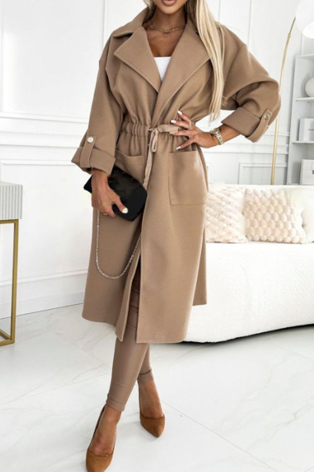 Women's Solid Color Large Lapel Waist Long Coat Coats skirts Top