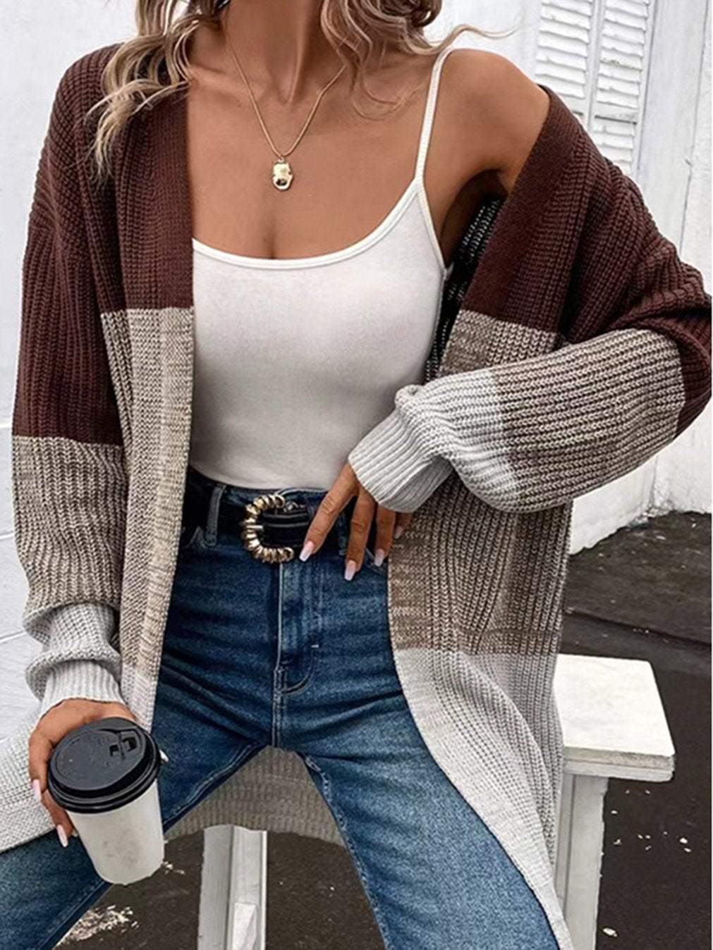 Women's Casual Contrast Color Mid-Length Knitted Cardigan Cardigan