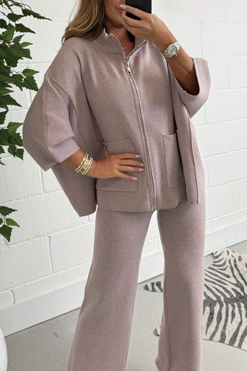 Women's Soft Knit Zip Up 3/4 Sleeve Wide Leg Trouser Co-ord Pant sets Sets Two piece sets