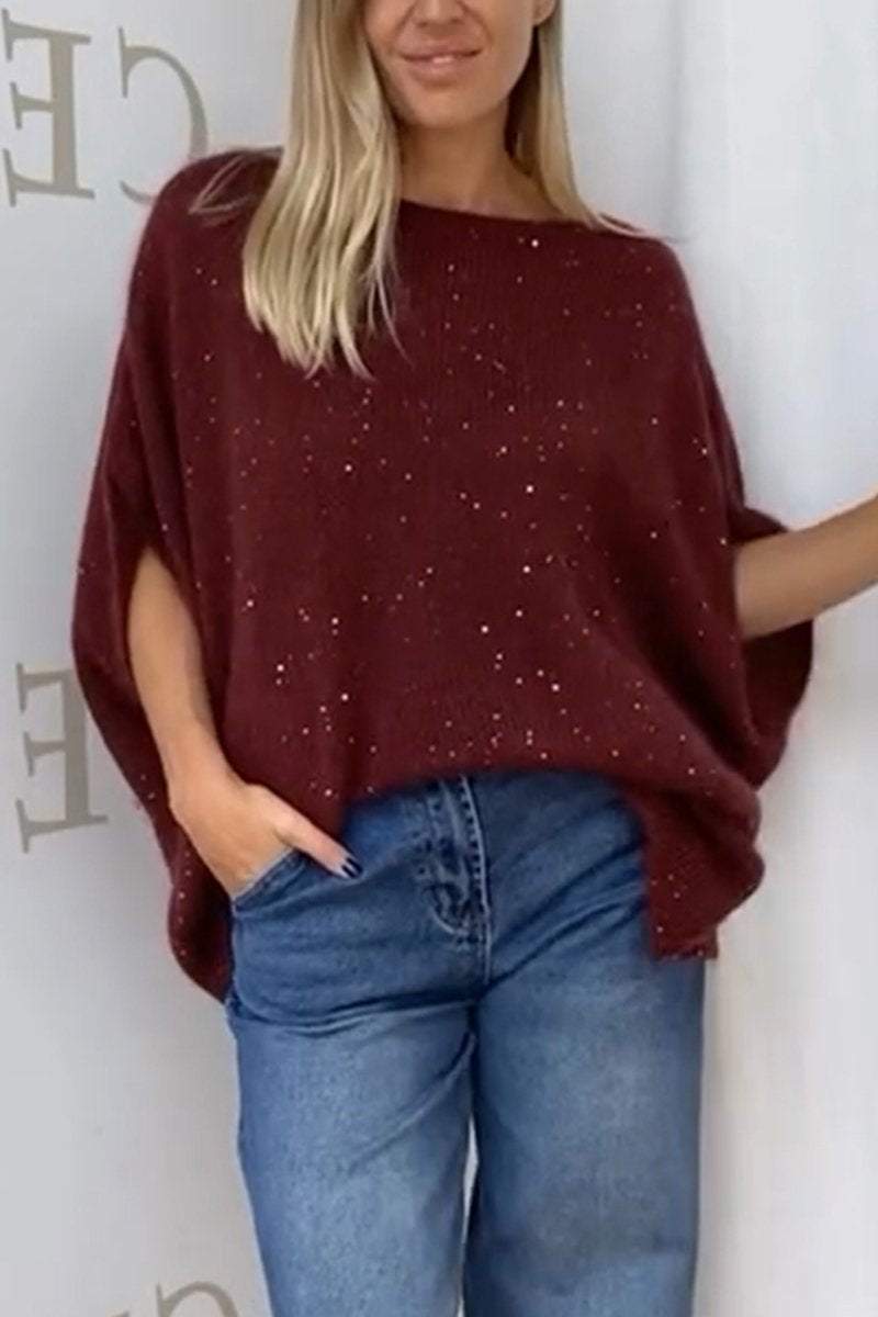 Women's Casual Round Neck Sequined Sweater Cotton Sweaters Top