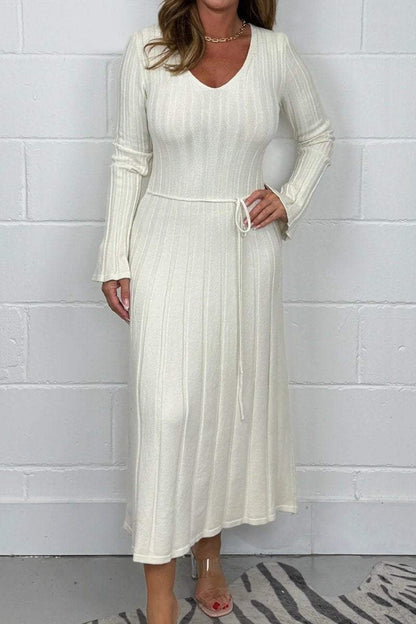 Women's Ribbed V-Neck Long Sleeve Tie Waist Knitted Maxi Dress Dress