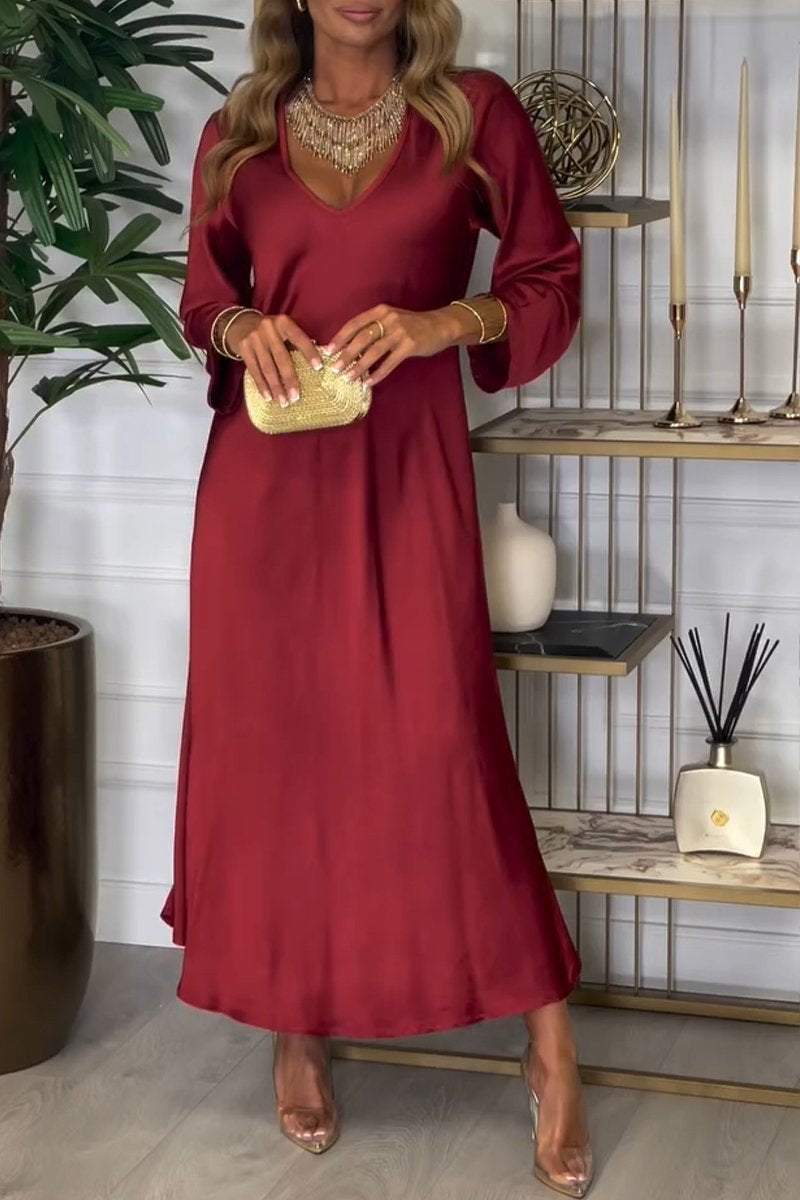 Women's V-neck Long-sleeved Satin Dress Dress Maxi Dress