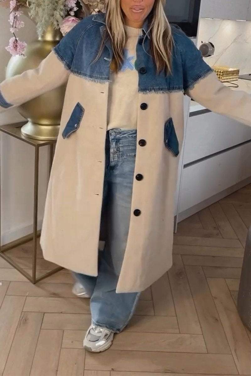 Women's Lapel Single-breasted Denim Patchwork Jacket Coats Cotton Overcoats