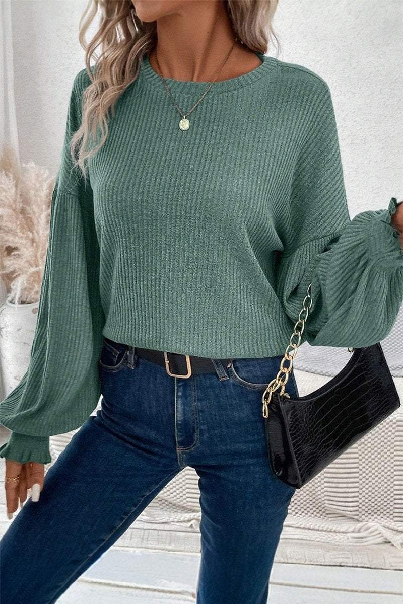 Women's Casual Solid Color Pit Strip Lantern Sleeve Top sweatshirts Top