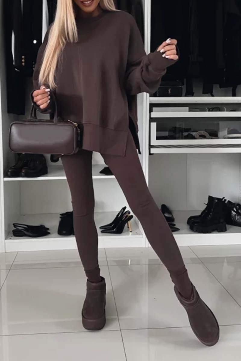 Women's Fall/winter Solid Color Crew-neck Side Slit Hoodie Set Pant sets Sets Two piece sets