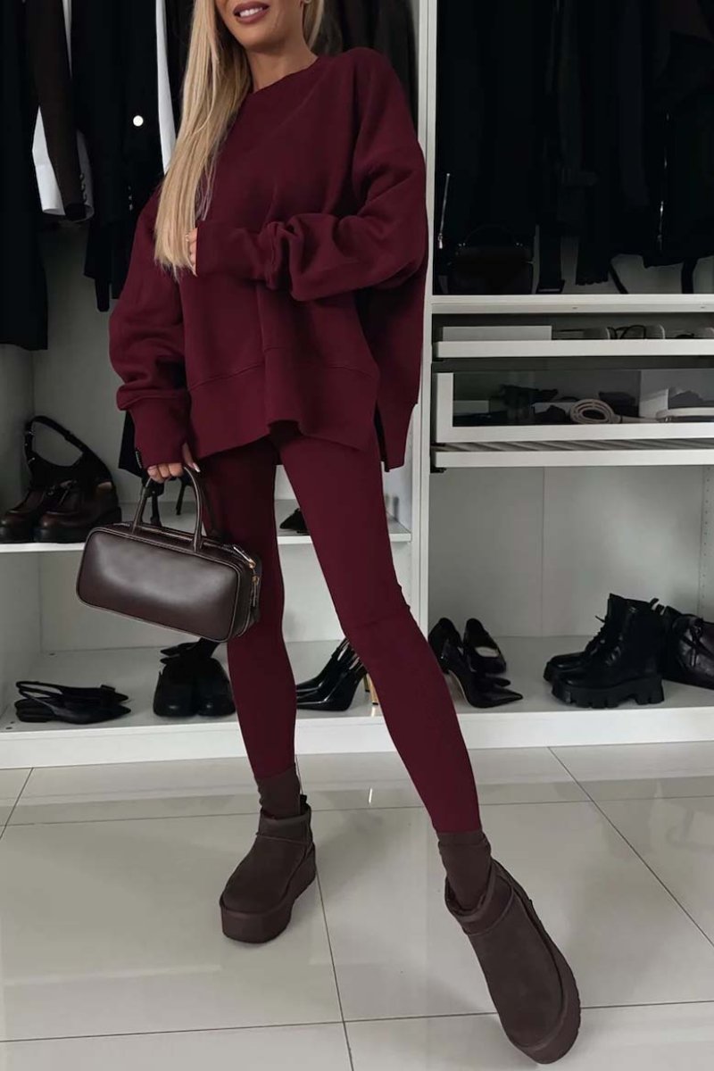 Women's Fall/winter Solid Color Crew-neck Side Slit Hoodie Set Pant sets Sets Two piece sets