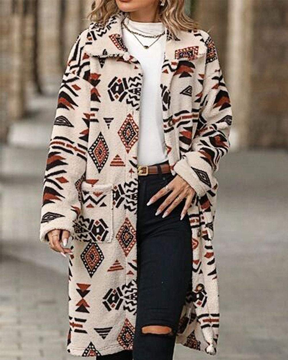 Women's Western Retro Print Long Sleeve Coat Coat